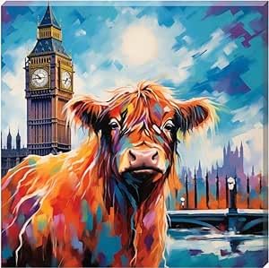 Cadeau déco idéal impression sur toile vache des Highlands et fleurs