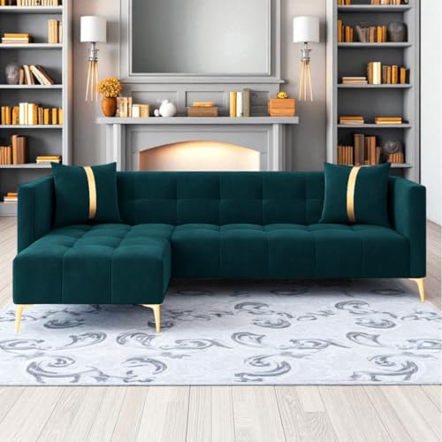 Image of Furny Styling 4 Seater Fabric LHS L Shape Sofa Set (Greenish Teal) | Soft Velvet Fabric | Modern Design | Comfortable Seating | Living Room Furniture