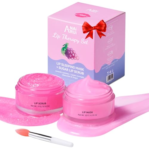 ANAI RUI Lip Therapy Set - Scrub & Mask, Overnight Hydrating Moisturizer With Exfoliator and Sleeping Mask for Plumping - Gift Kit for Dry, Chapped, Dark Lips, Grape Bakuchiol