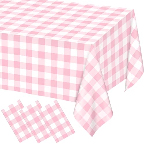 Image of 3 Pack Pink Gingham Tablecloth Rectangular Pink and White Checkered Tablecloths Disposable Plastic Plaid Table Cover for Parties, Outdoor Picnic, Birthday, Wedding, Camping 54 x 108 Inch