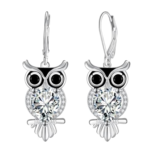 J.MUEN Damen H&auml;ngende Eulen Ohrringe Silber 925 mit 3A Herz Zirkonia,Schmuck f&uuml;r Frauen