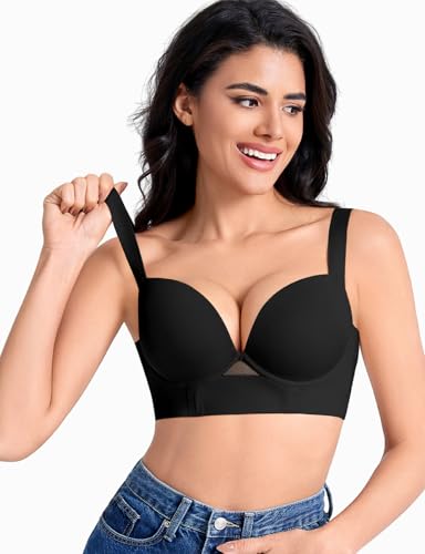 Image of Upushall Push Up Padded Bras for Women Add 2 Cups Longline Plunge T Shirt Everyday Bra Underwire Support