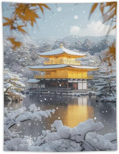 金閣寺の冬の風景 タペストリー 背景布 美しい日本の風景写真 雄大な日本建築 ポスター 大判 壁掛け 壁飾り 装飾用品 インテリア 多機能 おしゃれ 部屋や窓の飾り 模様替え リビングルーム ベッドルーム 75×100cm