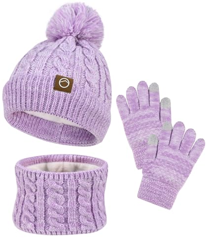 Image of ZOORON Kids Winter Hat Gloves Scarf Set, Girls Boys Hats Beanie with Pom | Children Knit Neck Warmer Mittens Fleece Lined Set Ages for 3-15, Kids Birthdays and Christmas Gifts