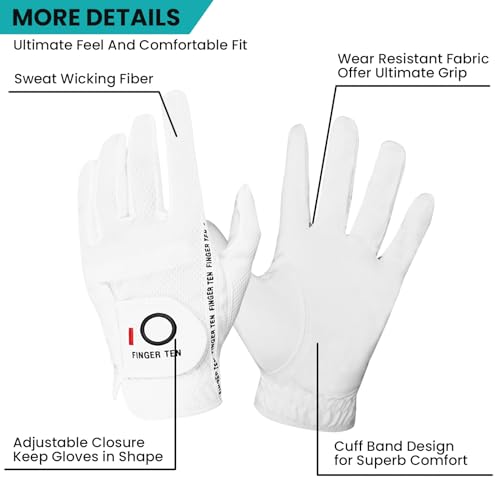 FINGER TEN Men's Golf Gloves for Right Left Handed Golfer Rain Grip Value 2 Pack, Golf Glove for Left or Right Hand Hot Wet Weather No Sweat Black Gray White Blue - Image 3