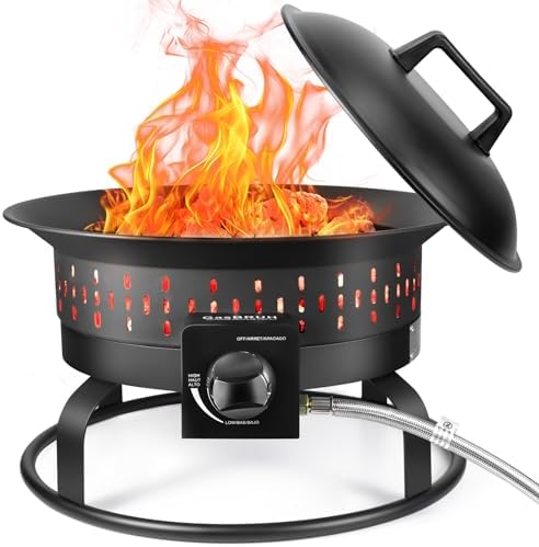 GasBRUH Outdoor Propane Fire Pit, Portable with Cover&Carry Handle,Fireplace,60,000 BTU Round Portable Gas Fire Pit for Outside Patio, Backyard, Camping,RV,19-Inch Diameter