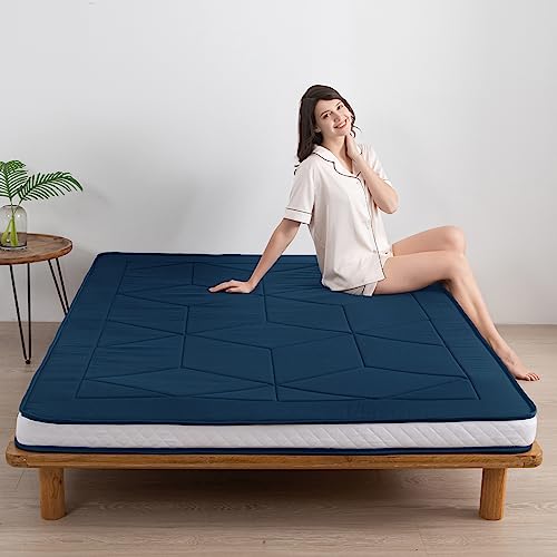 MAXYOYO Colchón futón grueso, colchón de suelo para adultos, cama enrollable para dormir, colchón de camping, cama de futón japonés con patrón geométrico estereoscópico (piedra azul, doble)