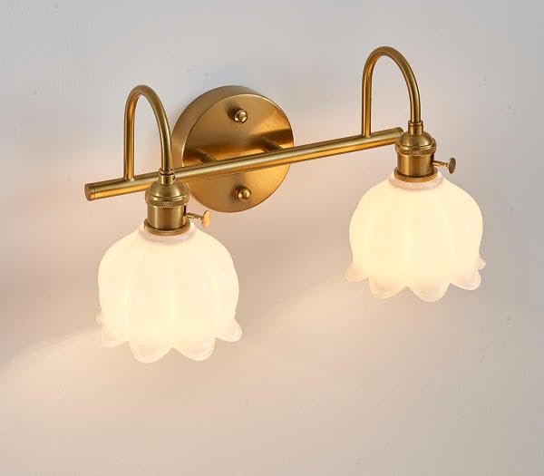 Image of Bathroom Light Fixtures, 3-Light Brass Vanity Wall Light with Amber Tulip Glass Shades, Vintage Wall Sconce Over Mirror for Bathroom, Bedroom, Living Room (Bulbs Not Included) (White, 2-Light)
