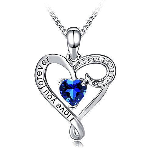 Necklace,925 Sterling Silver "Love You Forever" Blue Heart Pendant Necklace Long Way Fine Jewelry For Women, Best Gift For Mother Wife Girlfriend At Birthday,Christmas #TOP6