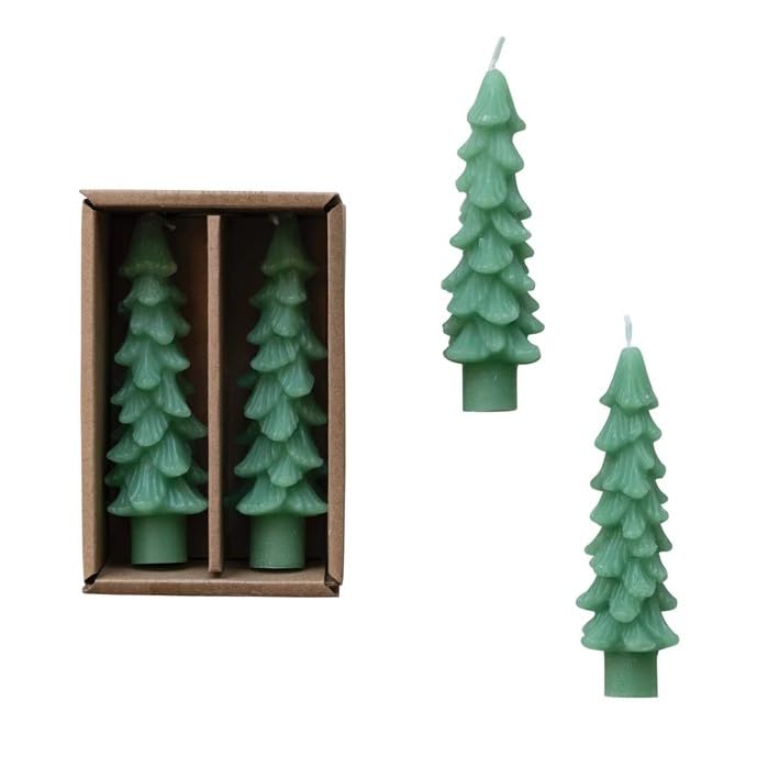 Creative Co-Op Unscented Textured Tree Shaped Taper Candles in Box, Green, Set of 2