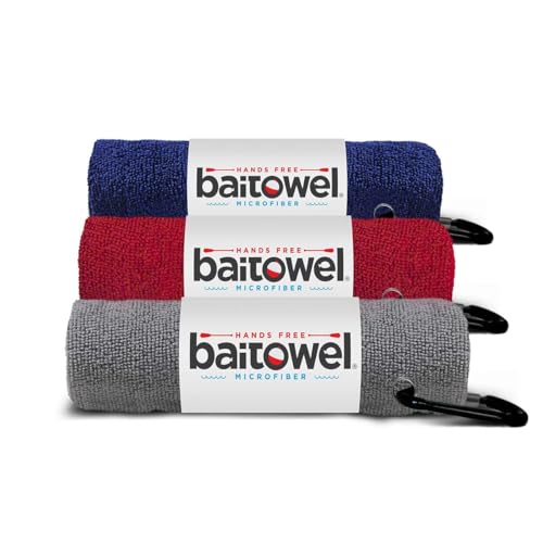 Bait Towel 3 Pack Fishing Towels with Clip, Plush Microfiber nap Fabric, 16x16, The Original Bait Towel Value 3 Pack (Navy-RED-Silver)