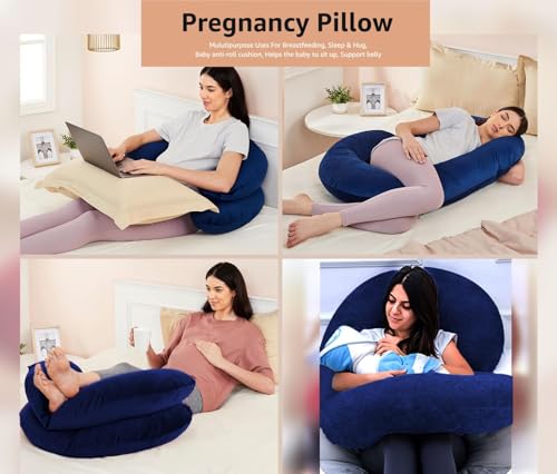 Image of Amazon Basics Velvet Full Body Pregnancy Pillow for Maternity,Baby Nursing,Full Body Support|C-Shaped-Washable Cover with Zip- Navy Blue