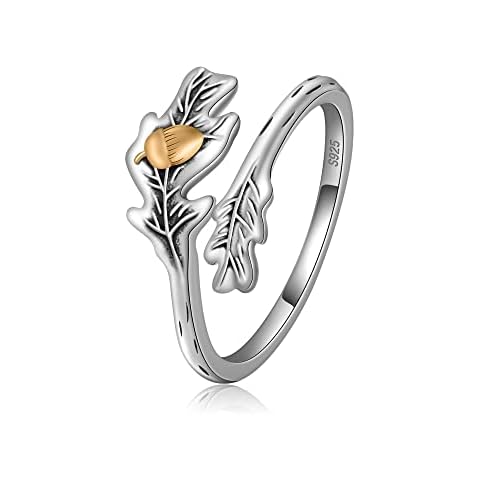 CHIC & ARTSY Spoon Ring Acorn Ring 925 Sterling Silver Spoon Ring Dainty Leaf Finger Rings for Women Open Adjustable Oak Leaf Ring Jewelry Cover