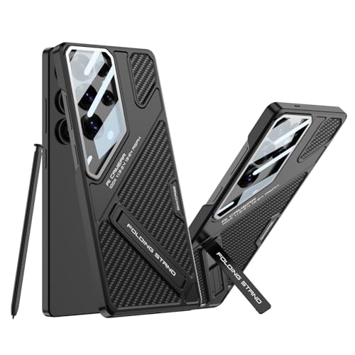 Image of Midkart Leather Case Compatible with Samsung Galaxy S25 Ultra Hidden Kickstand Cover Hard PC with Camera Protection, Fiber Black & Black