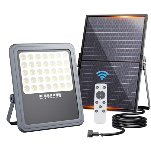 HOOLED Foco Solar Exterior Potente con Control Remoto 18,000 mAh 6500K Focos LED Exterior Solares de Panel IP66 Lámparas Solares para jardín,Terrazas,Garajes,Con cable de 2,5 m