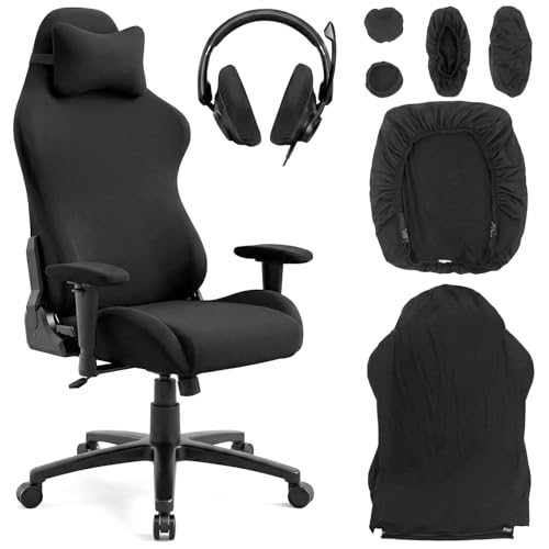 QWORK® 6 Stück Gaming Stuhl Bezug, Dehnbare Stuhlhussen mit Armlehnen & Headset-Schutz, Waschbar Computerstuhl Schutzhülle Schwarz, für E-Sport Gamer, Home Office & Bürostuhl