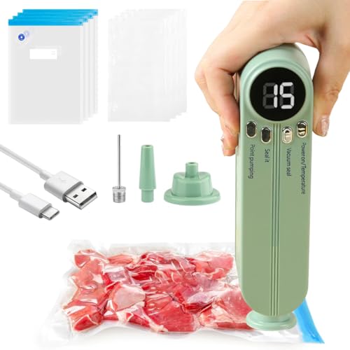 VOAKZEF Máquina selladora al vacío, sellador de alimentos recargable 3 en 1, mini sellador de bolsas portátil, sellador al vacío multifuncional para alimentos con 8 bolsas selladoras al vacío, para