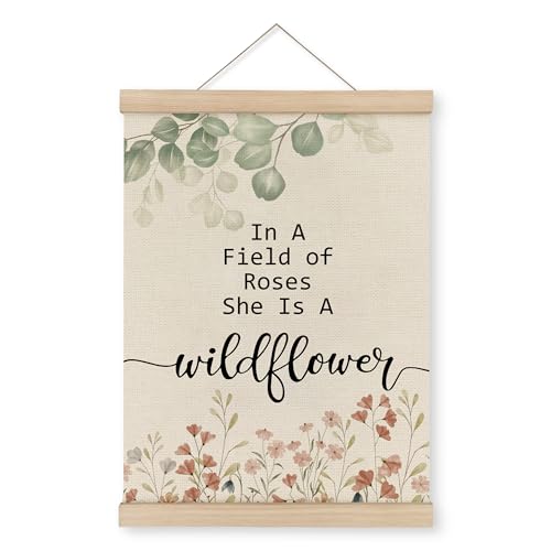 Image of MAQIKA She is a Wildflower Poster Framed With Wood Hanger, Wildflower Nursery Decor, Inspirational Quotes Hanging Wall Decor, Floral Nursery Canvas Wall Art Paints for Baby Girls Room 12x16 Inch