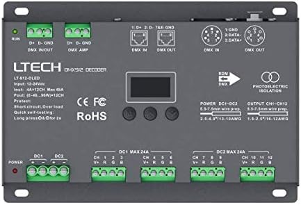 LTech LT-912-OLED 12 Channel CV DMX RDM Digital PWM Decoder 8 / 16 bit dimming for RGB & RGBW LED Lighting 12-24V DC Driver Controller 12x4A Dimmer OLED Display