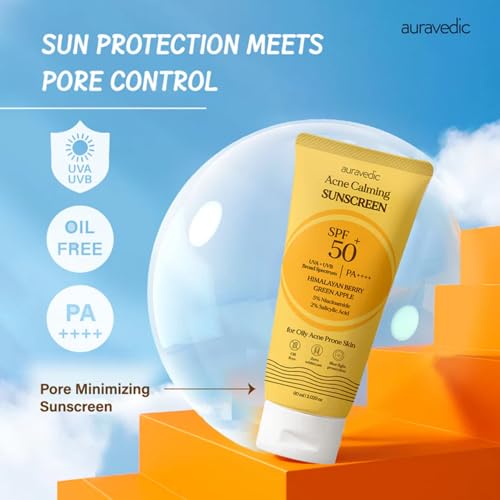 Image of Auravedic Acne UV Sunscreen SPF 50 PA++++ for Acne Prone Oily Skin with Himalayan Berry Green Apple Gotu Kola Niacinamide 2% Salicylic Acid Pore Minimizing Non Greasy No White Cast Cream