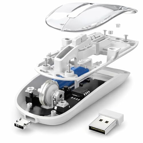 Image of PhT2103 Slim Wireless Mouse with Transparent Cover, 2.4GHz and Dual Bluetooth, Rechargeable, Adjustable DPI, LED for Laptop, PC and Tablet, White BTWMOUSE