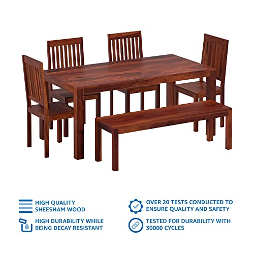 Image of Amazon Brand - Solimo Solid Sheesham Wood Phiara 6 Seater Dining Table with 1 Bench and 4 Cushioned Chairs | Wooden Furniture for Dining Room, Hotel and Home (Honey Finish)