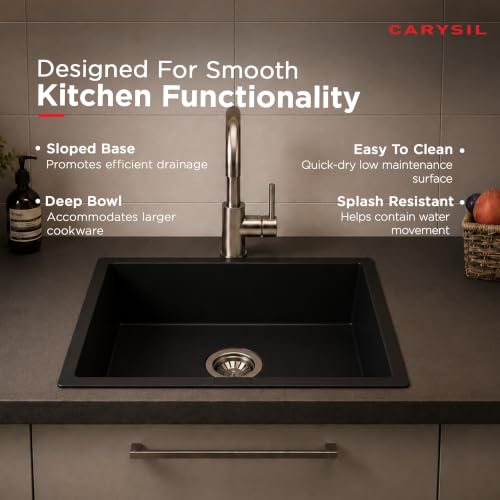 Image of Carysil SALSA MAX Quartz Kitchen Sink 21 x 18 x 8 inches, Single Bowl, 80% Quartz & 20% Resin, Heat Resistant 300C, 50kg Load, Scratch & Stain Resistant, Granite Sink, 304 SS Coupling - Nera