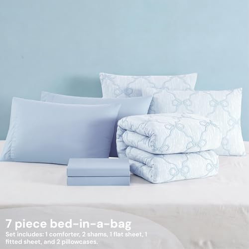 Image of BLOOMHAVEN Queen Comforter Set for Girls, 7 Pieces Blue Bow Bedding Set, All Seasons Bed in a Bag with Sheets, Pillowcases & Shams