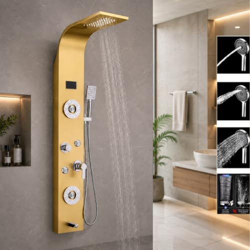 Image of ZeeCry 7 in 1 Full Set Stainless Steel 304 Shower Panel for Bathroom with Hand Shower /Showerhead /Body Massage Jets /Shower System with Hot & Cold Mixer (3 function hand shower) (Gold)