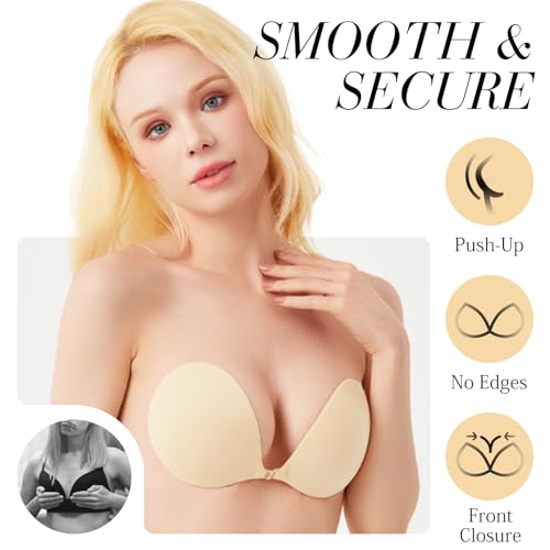 2025 Push Up Sticky Bra, 2 Pack Reusable Adhesive Invisible Strapless Backless Silicone Bra with 4 Nipple Covers3