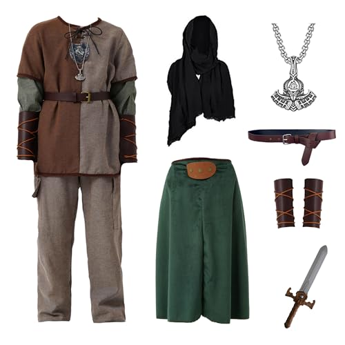 Image of 8 Pcs Medieval Viking Costume for Kids Boys Renaissance Dress Up