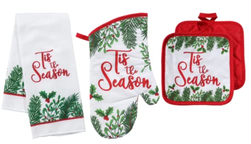 RAPL Tis The Season Kitchen Red Green and White Linen MEGA Bundle (1) Oven Mitt (2) Pot Holders (2) Microfiber Towels