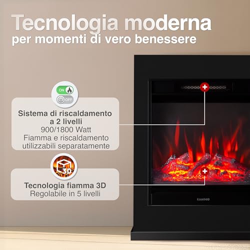 Kaminio Camino Elettrico Kalle - Caminetto Elettrico A Pavimento Con Riscaldamento, Effetto Fiamma 3D, Telecomando (Nero) - 3