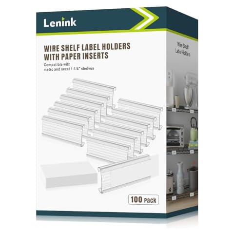 Lenink 100Pcs Wire Shelf Label Holders with 100Pcs Label Paper Inserts, Plastic Wire Rack Label Holder Compatible with Metro and Nexel 1-1/4in Shelves, Label Area 3in Lx1.25in H Cover