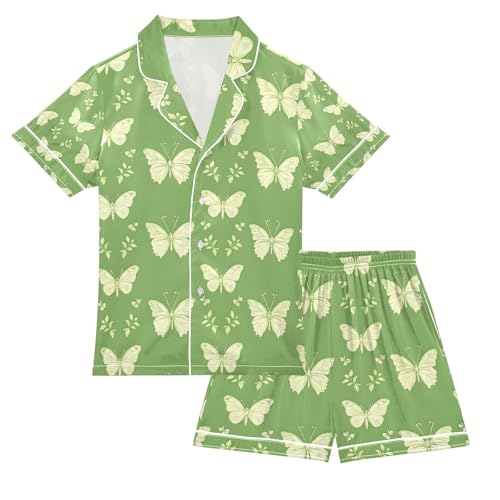 senya Butterflies Green Pattern A Satin Summer Pajama Sets Silk Short Sleeve Button Down Sleepwear