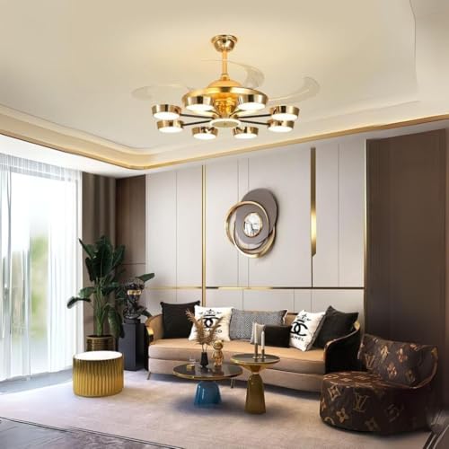 Image of Glowave 8 Lights Rings Chandelier Fan Gold 4 Retractable Blades Remote Control - Tricolour | Warm White, White, Natural White | T-8209 (8 Lights)