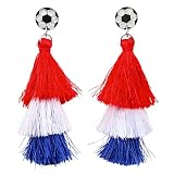 Soccer Ball Stud Red White Blue Tassel Dangle Earrings for Women, 4th of July USA Patriotic Football Earring, Layered Fringe Statement Earrings Independence Day Celebration Accessories