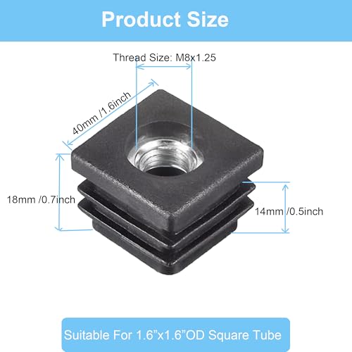 Image of MyyiTar 4 Pcs Square Chair Leg Floor Protector, Furniture Leg Protectors, Plastic Plugs 1.6 inchx1.6 inch OD Square Tubing Endcap with M8 Thread for Tubular Racks Legs Inserts,Black 1.6 inch