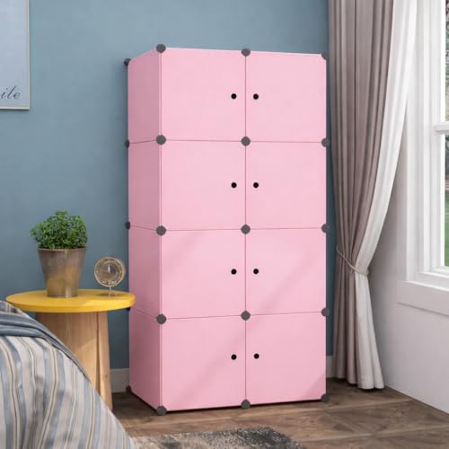 Image of Plastic Wardrobe for Kids Clothes - Durable, Easy to Use Anti-Skid & Non-Slip Effective Professional Collapsible Wardrobe, Plastic Cupboard for Kids, Foldable Almirah (Pink, 8-Cube)