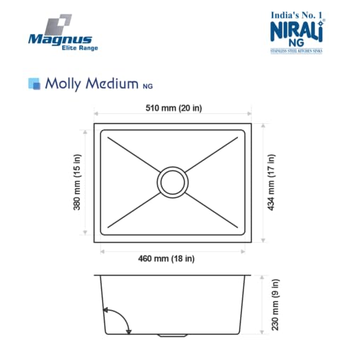 Image of NIRALI Kitchen Sink 20 inch x 17 inch x 9 inch Square 304 Stainless Steel | Single bowl Sink Round Coupling | Rust & Stain Resistant | Matt Finish | Minimizes Sound Molly Square Sink (SS-304)(Molly - 20 inchx17 inchx9 inch)