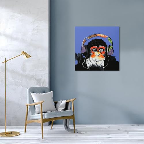 Fokenzary 100% Hand Painted Oil Painting on Canvas Pop Art Cute Gorilla Listening to Music with Headphone with Frame Ready to Hang