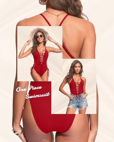 Image of Tempt Me Women Sexy Lace Up One Piece Swimsuit Deep Plunge V Neck High Cut Bathing Suits