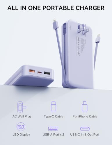 Image of Nusyddy Portable Charger 20000mAh PD20W w /Built-in Cables & Wall Plug Purp. | PD20W Fast Charging, High Capacity, LED Display, Charge 5 Devices at once, TSA Approved, Compatible with iPhone /iPad /Samsung
