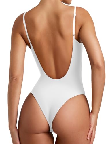 REORIA Women’s Sexy Trendy Open Back V Neck Spaghetti Strap Backless Trendy Cami Bodysuit Tops