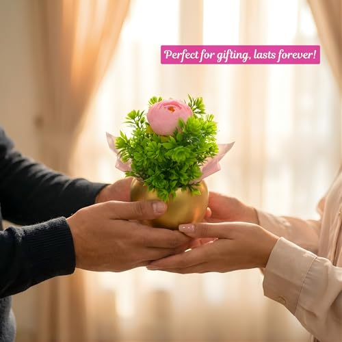 Image of Bombay Greens Gold Metal Pot with Flower Plant | Decorative Indoor Tabletop Flower Pot | Mini Faux Plant for Home & Office Decor | Living Room, Bedroom & Desk Decoration | Gift Item
