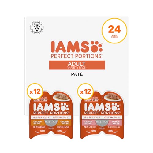 IAMS Perfect Portions Healthy Adult Wet Cat Food Pate, Chicken and Salmon Recipe Variety Pack, 2.6 oz. Twin-Pack Trays (24 Count, 48 Servings)