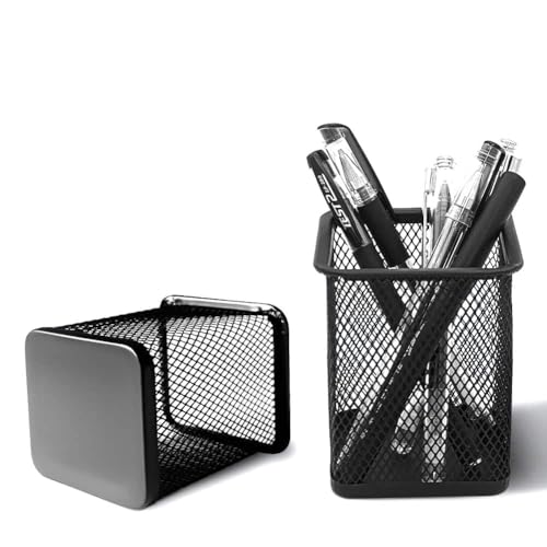 Image of Metal Mesh Pen Stand for Office & Home Desk | Black Stationery Holder Organizer for Pens, Pencils, Markers, Makeup Brushes | Durable Round Wire Mesh Pen Stand (Pack of 1) (Square Black)