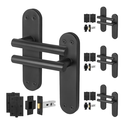EAI Black Door Handle Latch Set, 4 Pair Matt Black Internal T-Bar Handles, Hinges (76mm) Latches (64mm) - Oliena