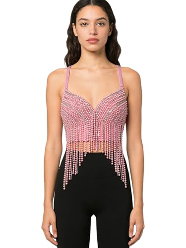 Bustier de soirée pour femme avec strass brillants et franges de danse