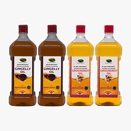 Image of Thanjai Natural Groundnut Oil Virgin Unrefined Wooden Cold Pressed Natural Peanut Oil for Cooking- Heart Health + Cholesterol Free + No Preservatives (2L Gingelly + 2L Groundnut Oil)